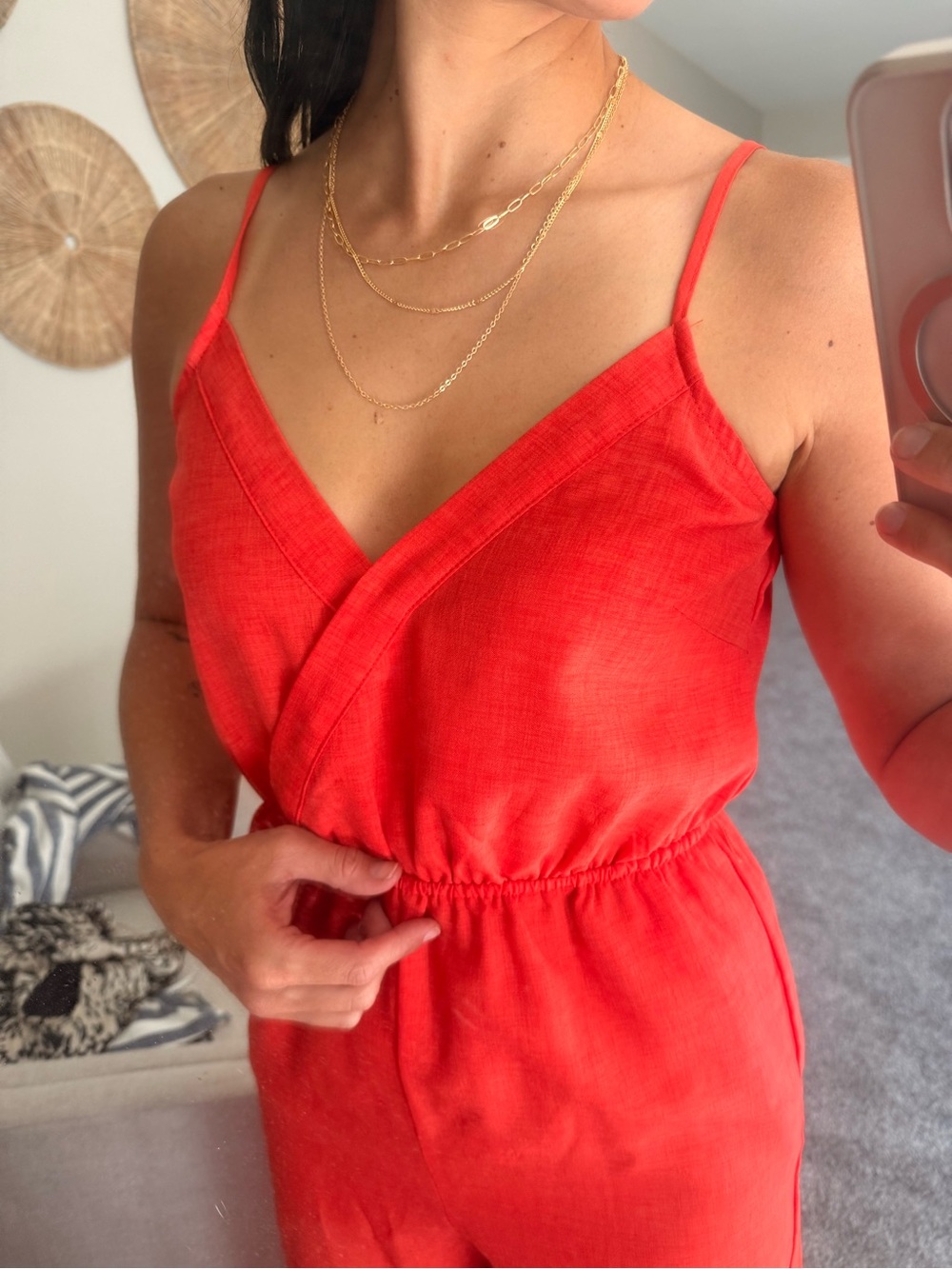 Jumper 🧡❤️🧡 Red Orange Surplice Jumpsuit with cleavage safety button